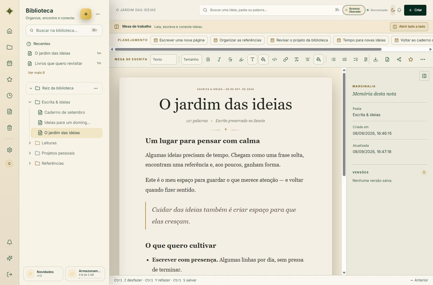 Editor do Sancto com a nota de exemplo O jardim das ideias, pastas e ferramentas de escrita