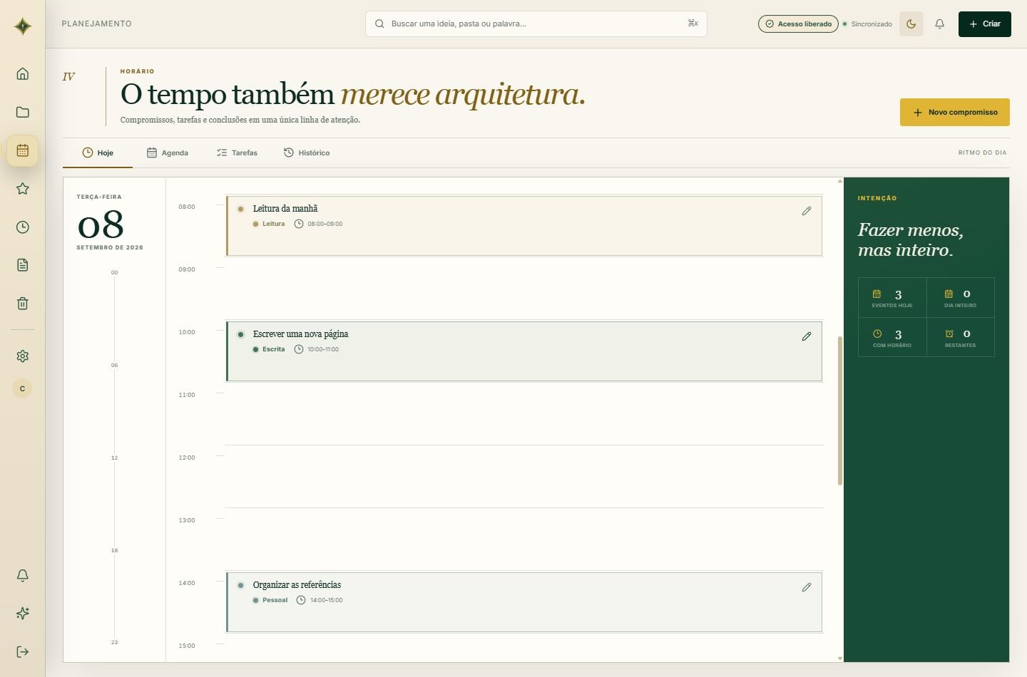 Planejamento real do Sancto com compromissos de exemplo